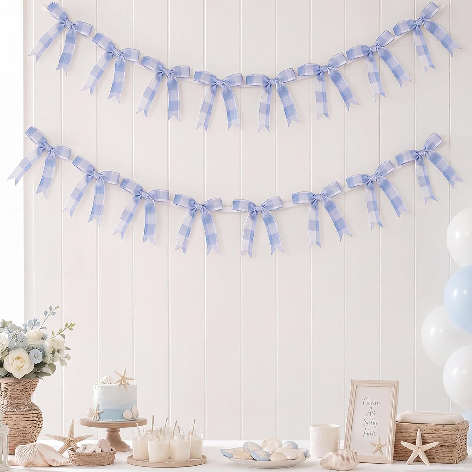 Mindsoft 2 Strings of 16 Pcs Blue Jeans Denim Bow Banner Party Decoration, Pre Strung Cowboy Garland and Party Decorations for Baby Shower, Bachelorette, Birthday, Wedding, Festival, Graduation Decor