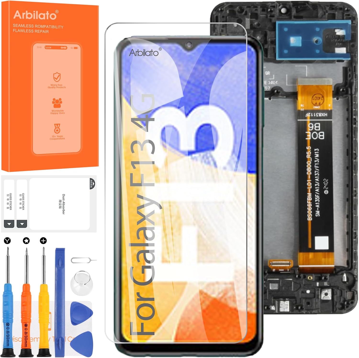 Arbilato screen replacement package contents including screen, tools, and tempered glass