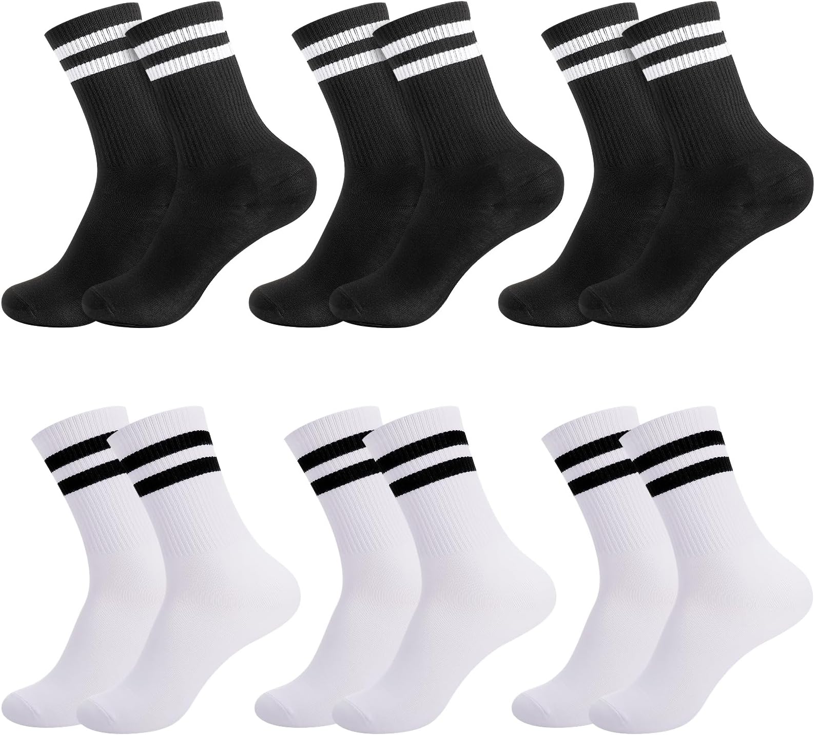 6 Pairs Mens Socks Multipack - Striped Crew Socks for Men Women, Soft Cotton Socks Breathable Sports Socks Black White Socks Comfortable for Work School Casual Walking