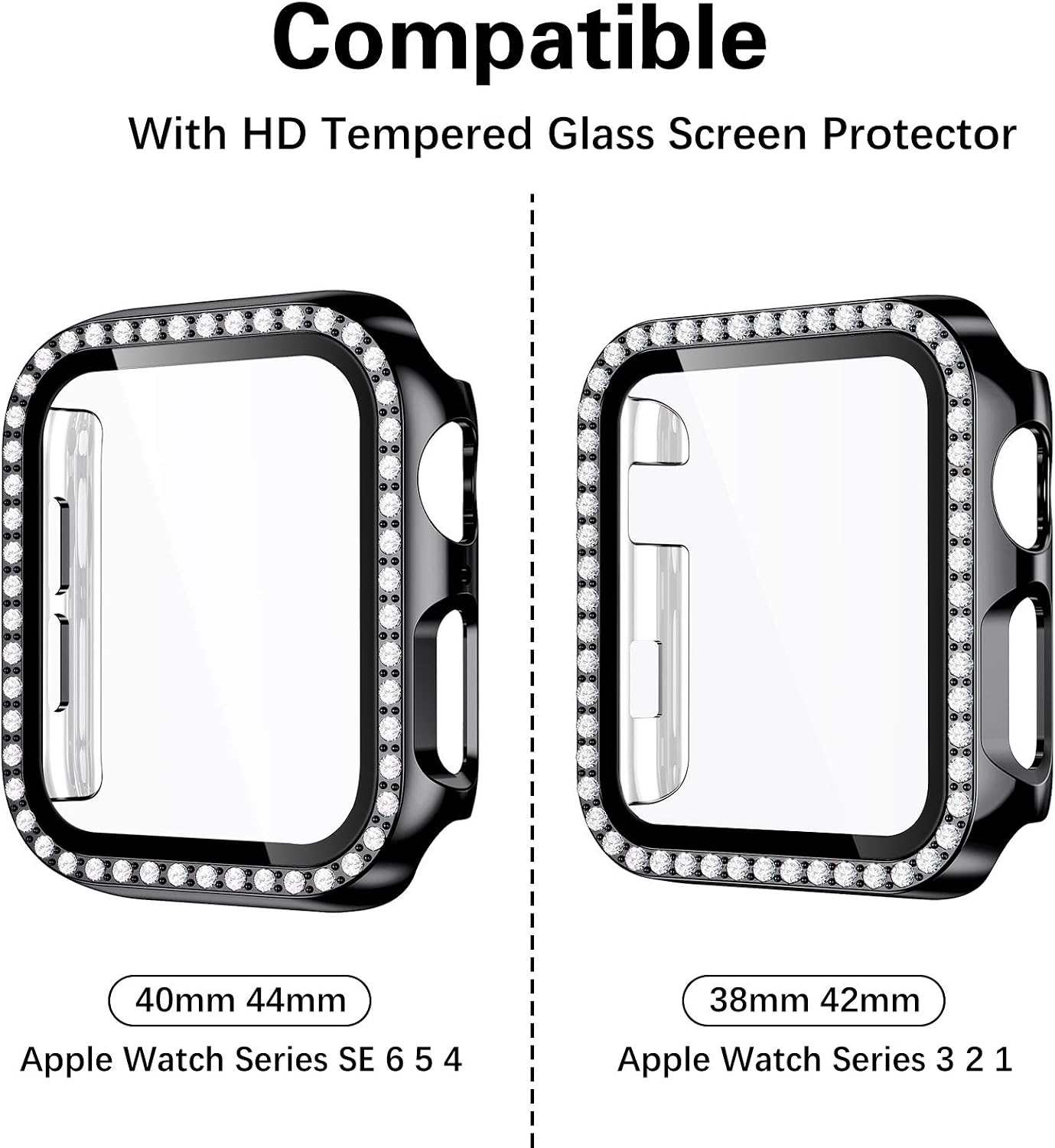 Mastten Diamond Screen Protector Case Compatible with Apple Watch 40mm, Bling Crystal PC Protective Case Bumper with Tempered Glass Screen Compatible with iWatch Series SE/6/5/4, Black