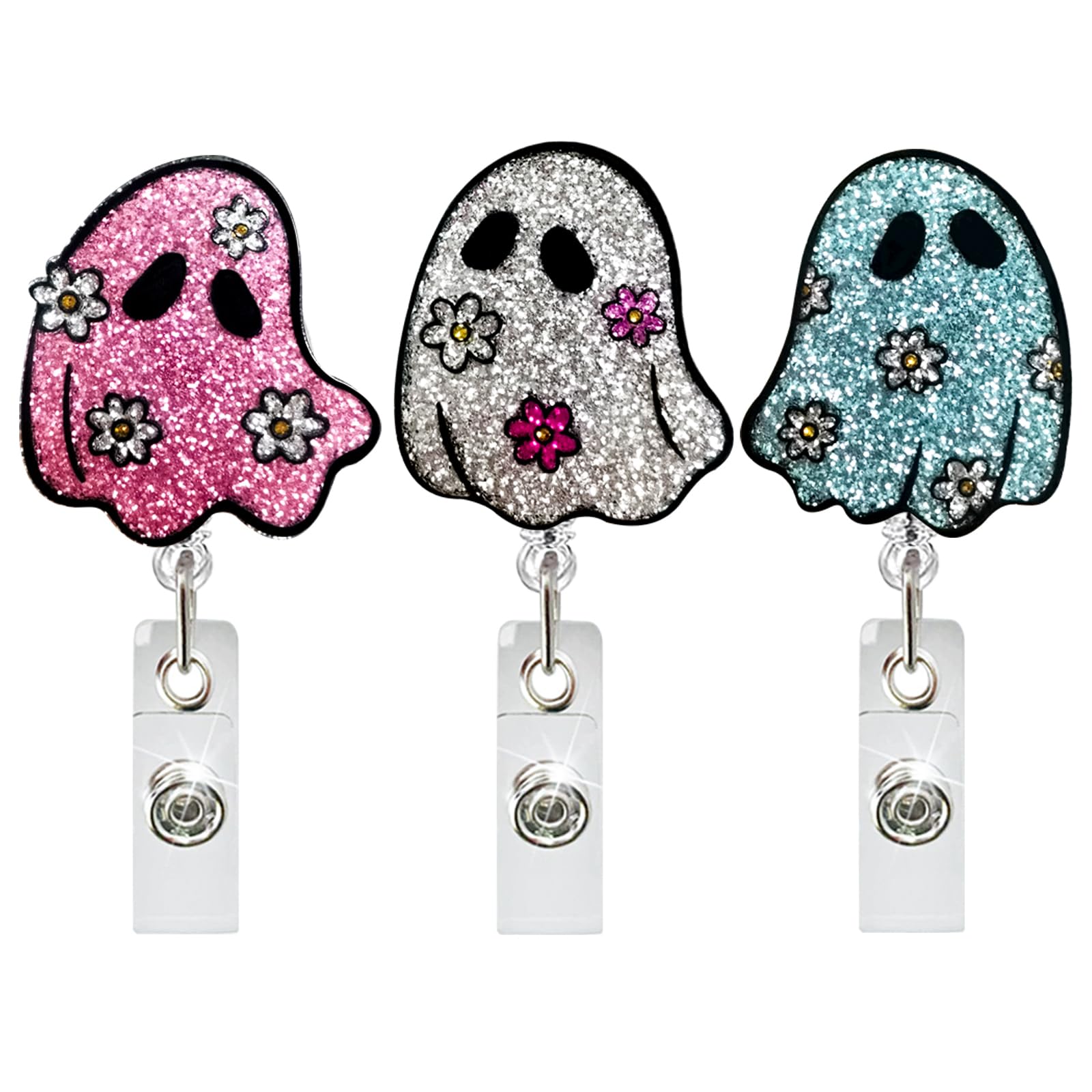 3 Pcs Ghost Halloween Badge Reel with Alligator Clip, Funny Floral Ghost Retractable ID Badge Holder, Nurse Name Tag Holder Pediatrics Nursing Gift
