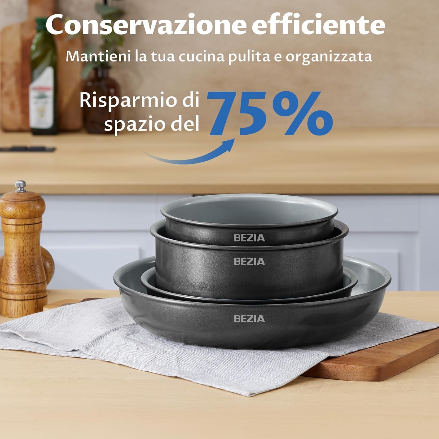 BEZIA Set pentole antiaderenti induzione con sano rivestimento in ceramica | Set pentole e padelle da 10 pezzi con manici staccabili, set da cucina per camper a induzione con manici rimovibili