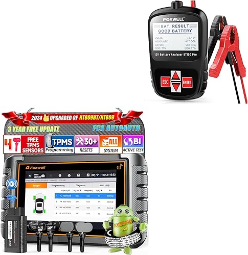 FOXWELL BT100 Pro - Probador de batería de coche + lector de código Foxwell NT809TS, herramienta de escaneo, programador TPMS Bluetooth 30+