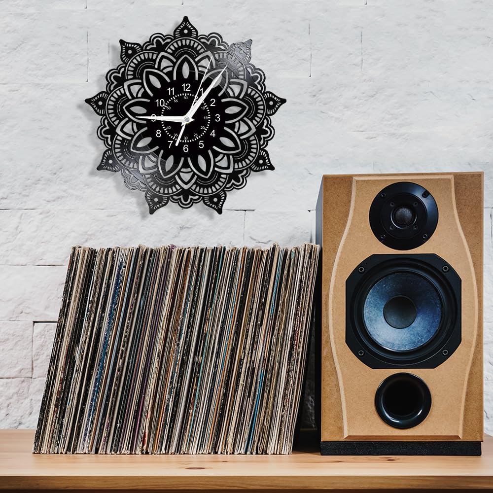 Lotus Flower Mandala Clock Wall Decor, 12 Inch Yoga Studio Wall Clock, Silent Quartz Non Ticking Battery Operated Modern Decorative Vinyl Record Wall Clock Watch for Living Room Bedroom