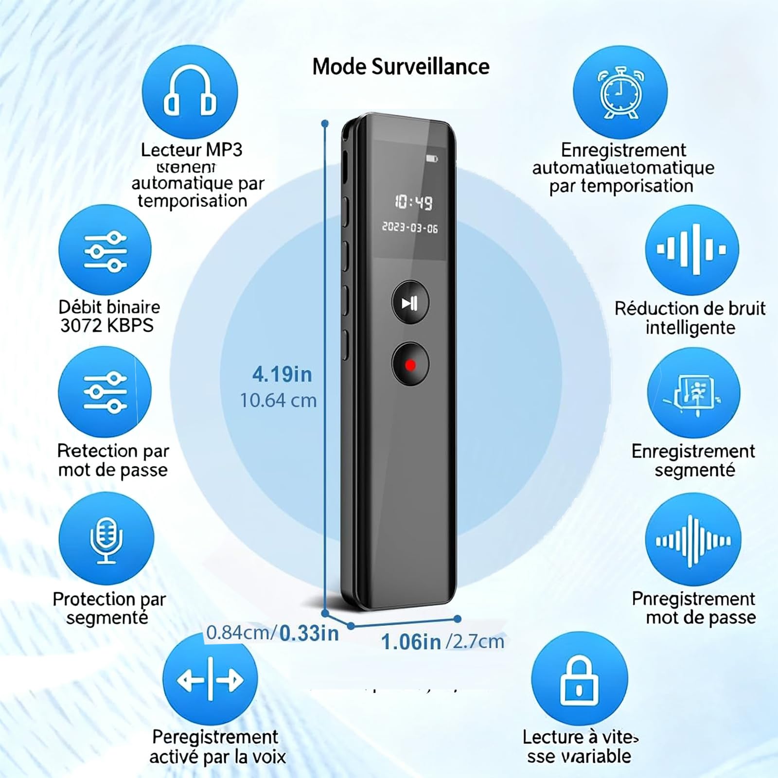 128GB Digitales Diktiergerät mit Wiedergabe,KI Geräuschunterdrückung, Sprachaktivierung, MP3-Player, Passwortschutz, USB-C, Bluetooth-Anrufaufnahme, für Vorlesungen,Meetings,Interviews