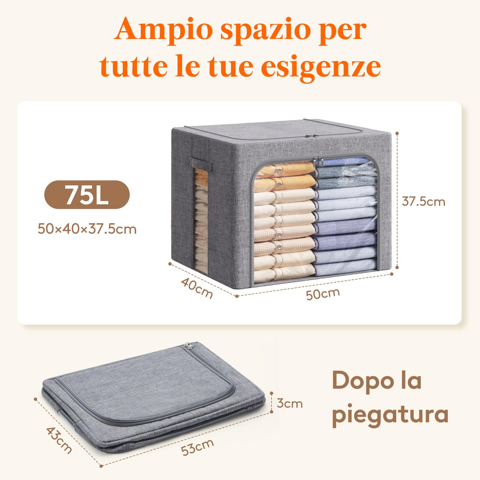 Lifewit 4 pezzi Scatole per Armadio Rigide con Cerniera, Organizzatore Armadio con Struttura in Metallo Pieghevole, Contenitori per Armadio Impilabili per Vestiti, Trapunte, Piumone, Grigio, 75L