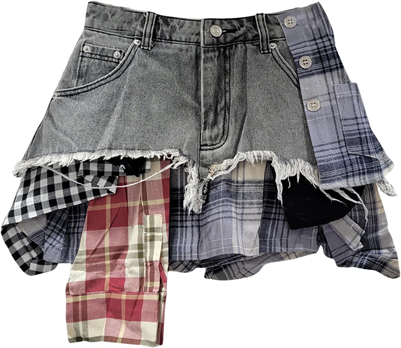 BAIMORE Women's Y2k High Waist Plaid Patchwork Asymmetrical Hem A Line Mini Denim Skirt
