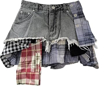 BAIMORE Womens Y2k High Waist Plaid Patchwork Asymmetrical Hem A Line Mini Denim Skirt