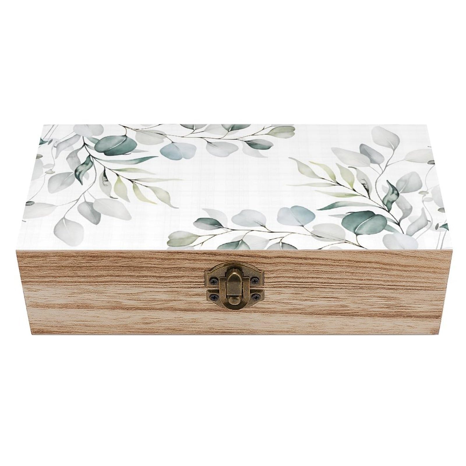 Watercolor Eucalyptus Leaves And Branches Vintage Wooden Keepsake Box with Hinged Lid And Locking Clasp, Decorative Storage Box for Jewelry, Trinkets And Small Accessories, Organizer for Home Or Weddi