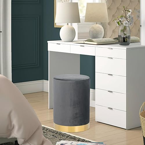 Miniatura 4 de Joveco Taburete redondo otomano, reposapiés de terciopelo con base de metal dorado, moderno taburete tapizado para sala de estar, dormitorio, gris