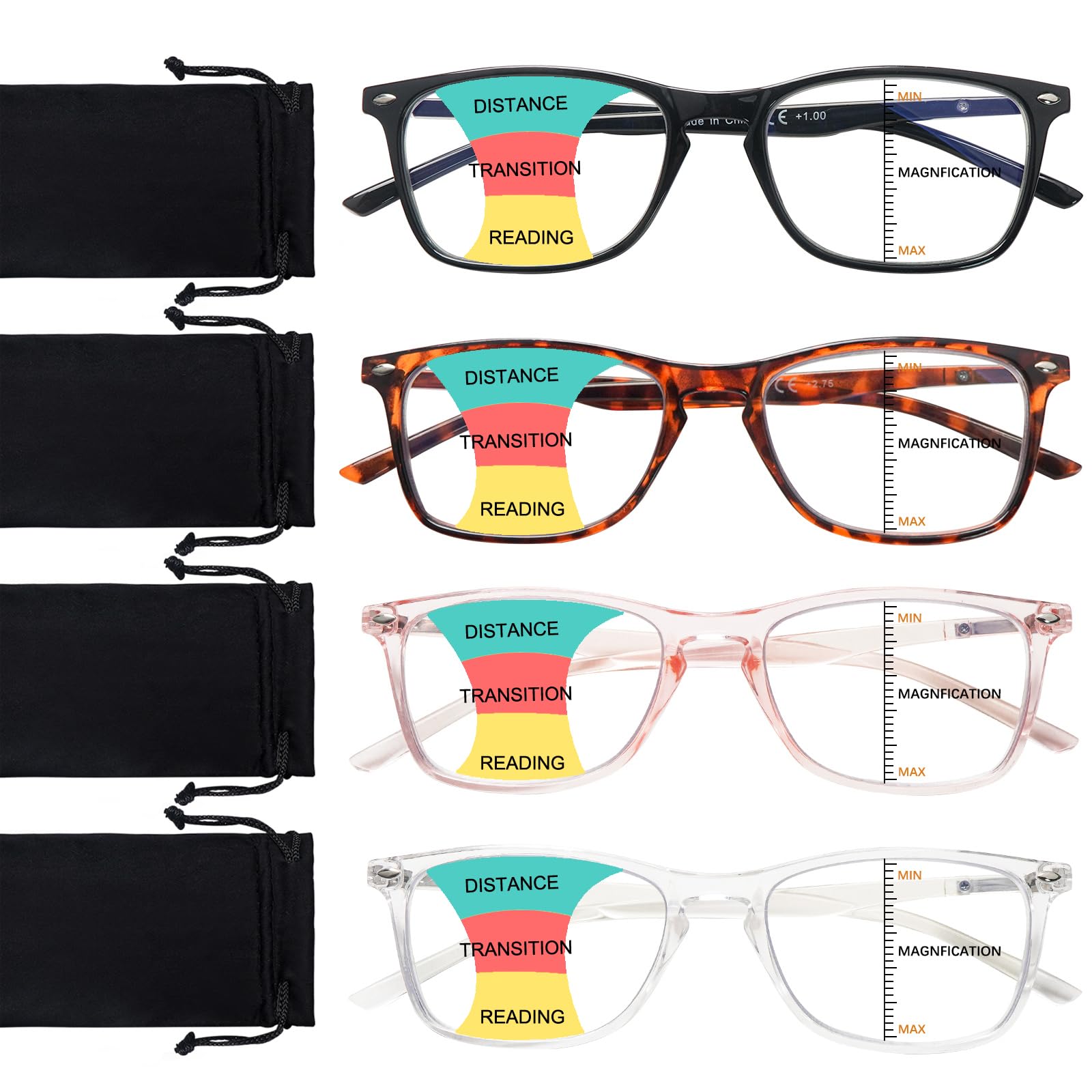 BONCAMOR 2 Pack Progressive Multifocus Reading Glasses Men and Women Computer Blue Light Blocking Anti Eyestrain Readers