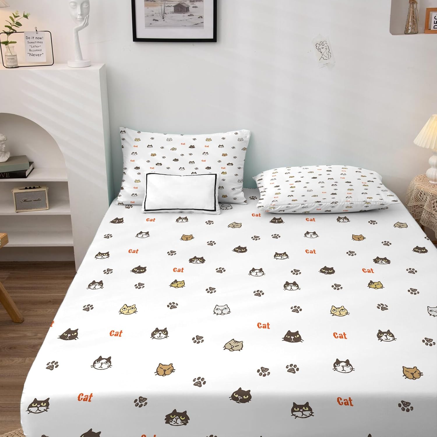 Cat Sheets King Size, Dog Paw Print Bed Sheets, Patterned Bedding Sheets & Pillowcases 4 Piece Set - Soft Microfiber Deep Pocket Fitted Sheet & Flat Sheet & 2 Pillow Cases L3-&-157
