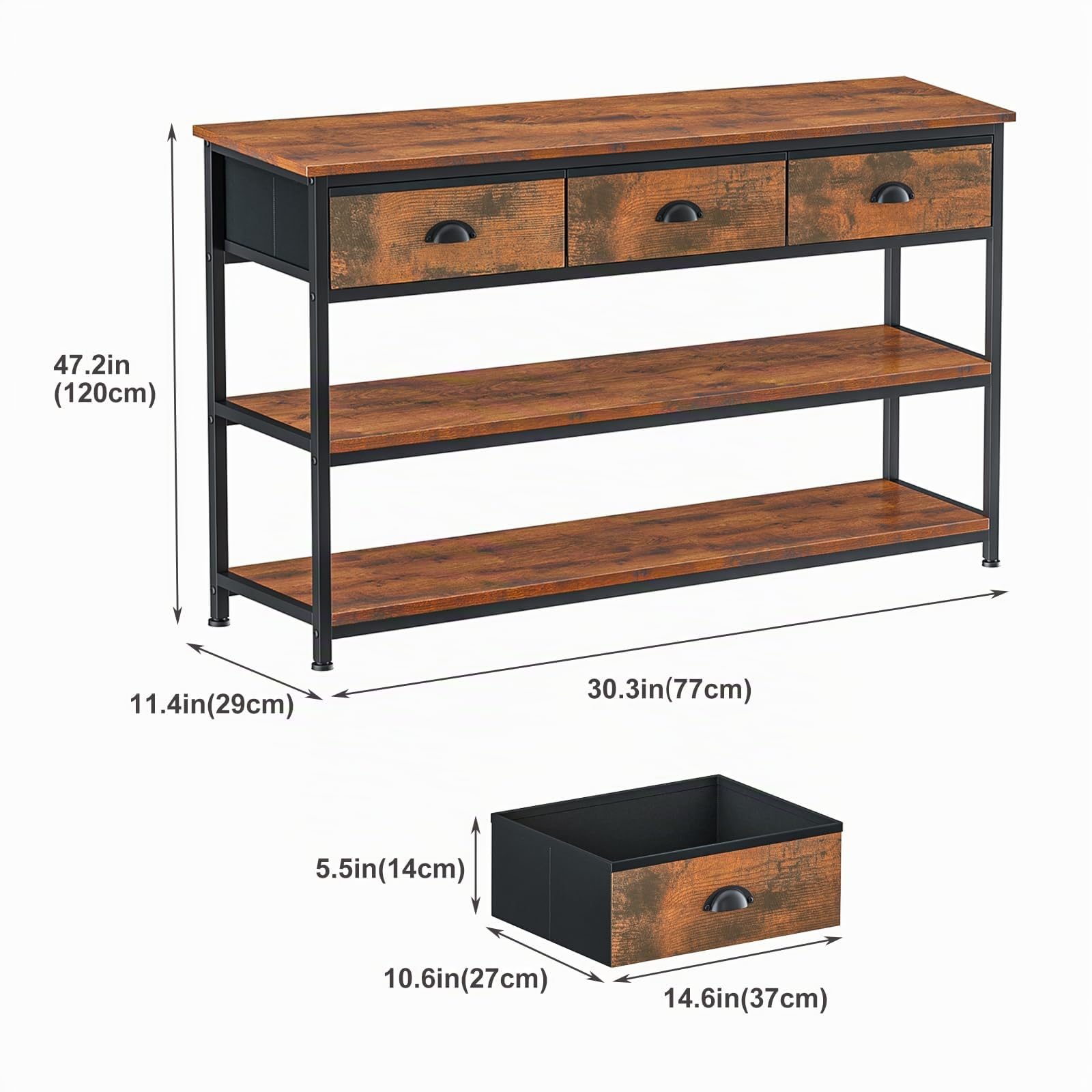Consola Recibidor con 3 Cajones de Estilo Industrial | 120 × 29 × 77 cm, Marrón Vintage, Ideal para Recibidores, Pasillos, Salones, Cocinas o Junto al Sofá