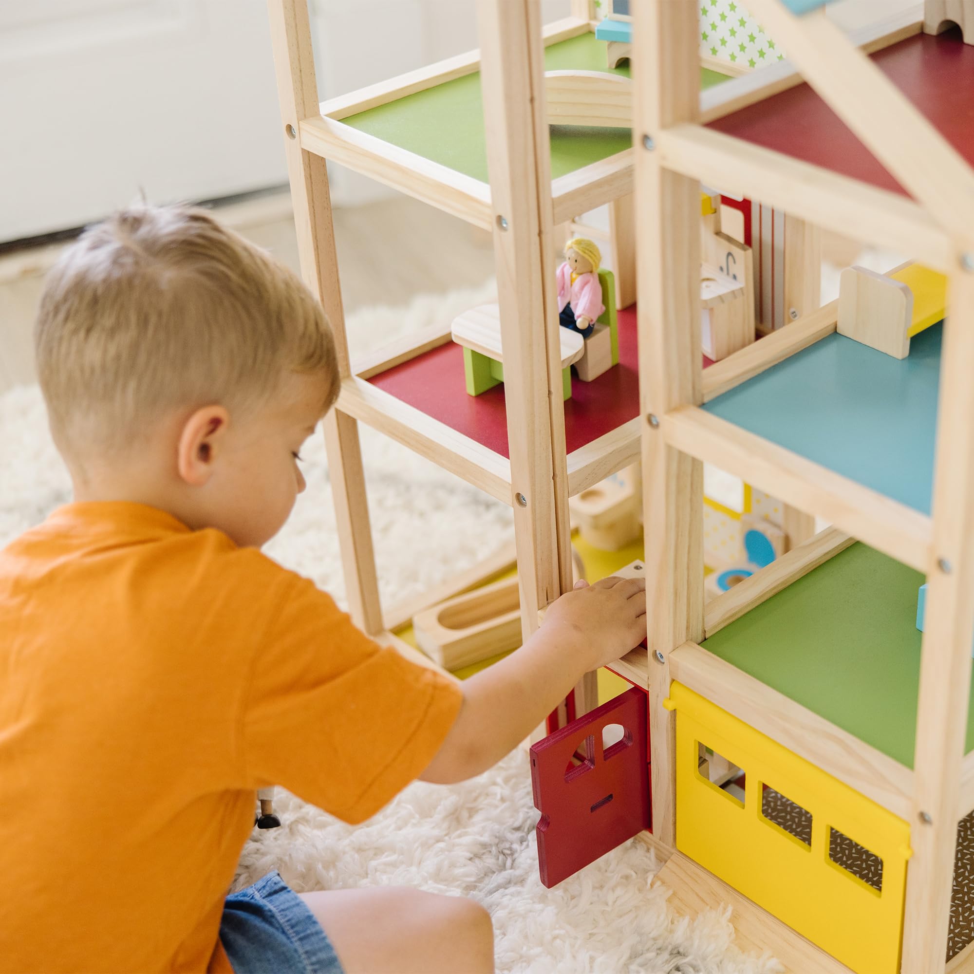 Melissa & Doug Wooden Hi-Rise Dollhouse with 15 Furniture Pieces Garage Working Elevator Preschool Dollhouse for Kids Ages 3 product thumbnail 6