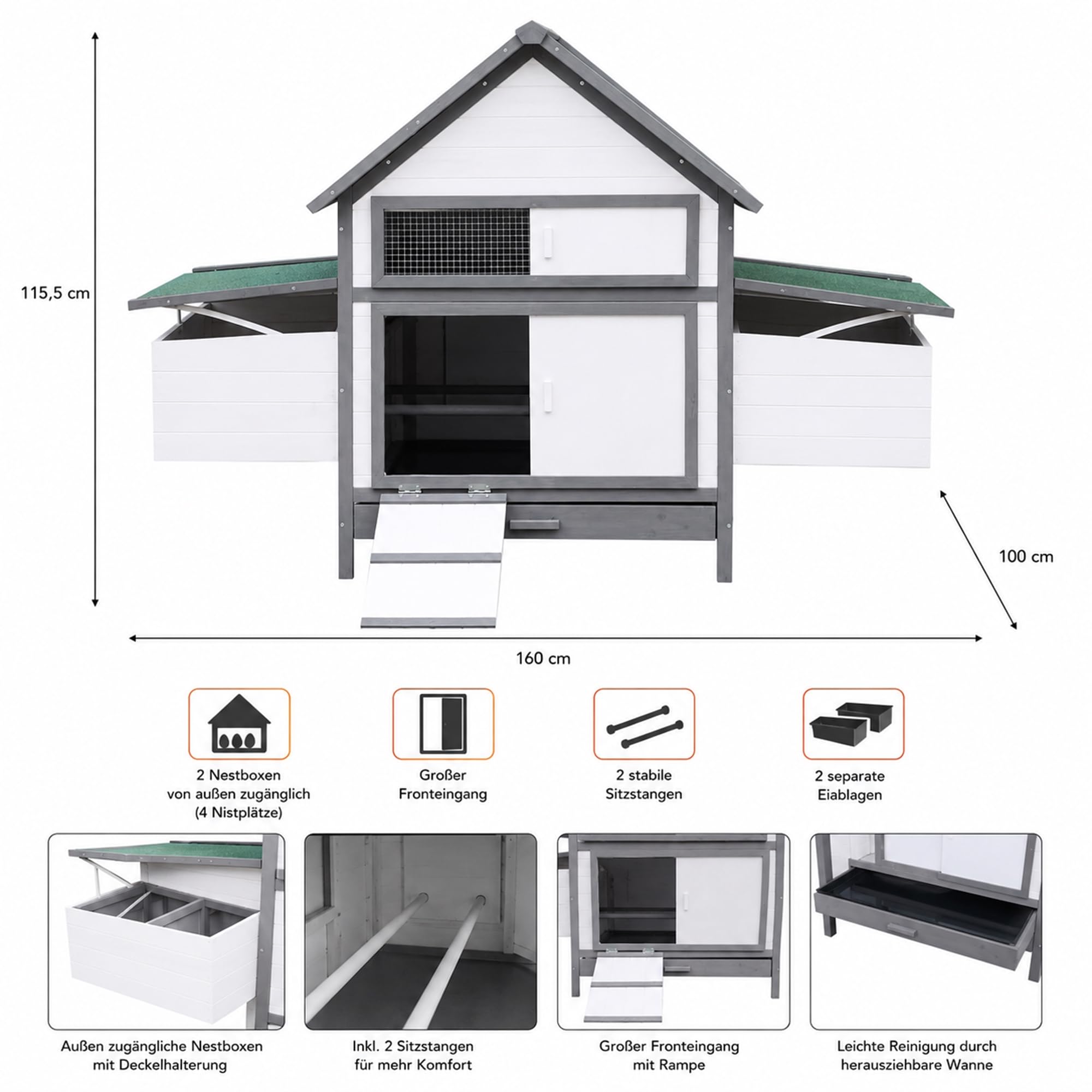 Mucola Hühnerstall Hühnerhaus mit 2 Nestboxen 160x100x115 cm Holz Weiß | Eierentnahme von außen, 4 Nistplätze, 2 Sitzstangen, erhöhte Standfüße gegen Nässe, wetterfestes Dach mit Dachpappe, Eiablage