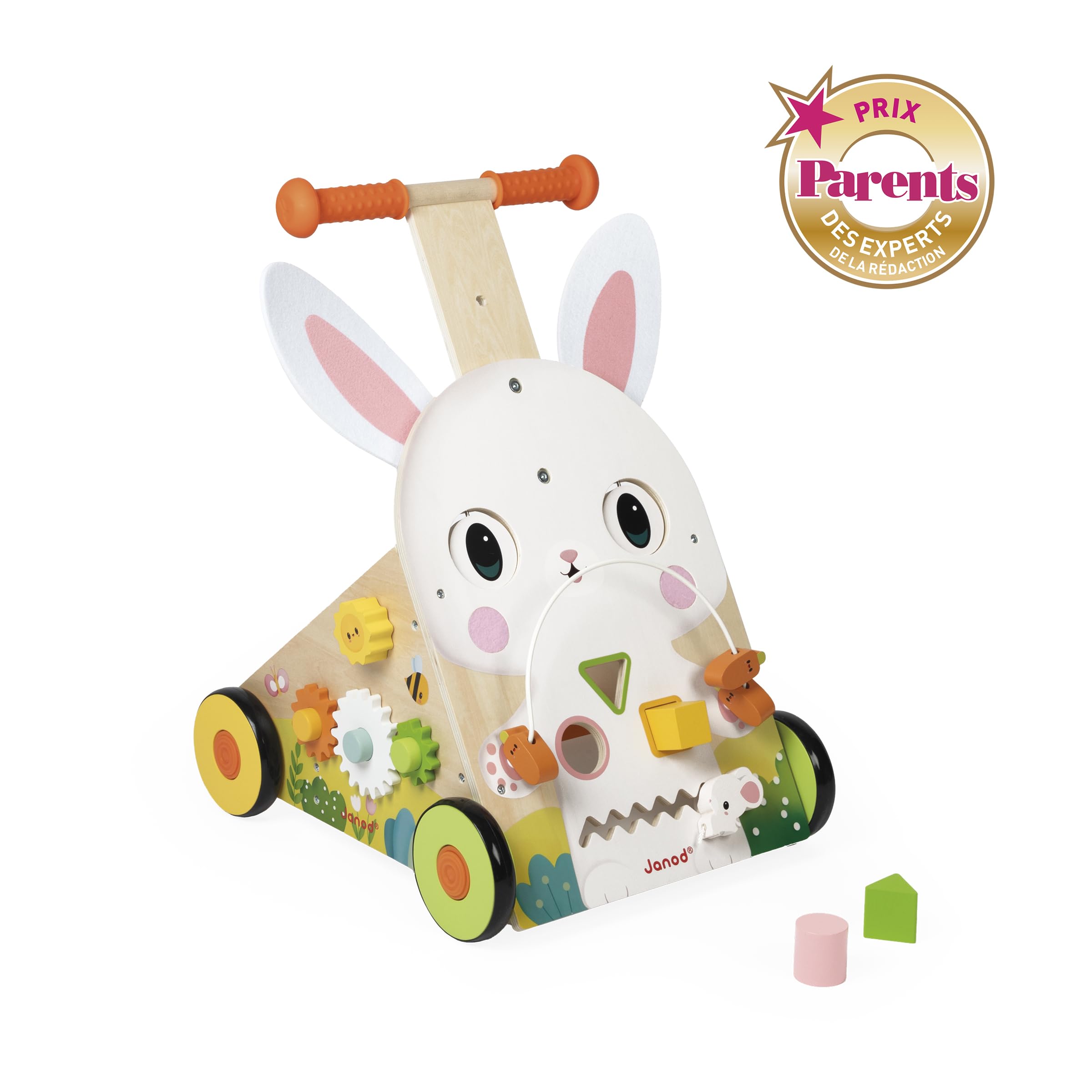 Janod - Chariot Multi-Activités Ferme - Chariot de Marche en Bois à Pousser - 9 Activités - Système Frein Breveté et Roues Silencieuses - Jouet d'Eveil pour Enfants Evolutif - Dès 12 Mois - J03326