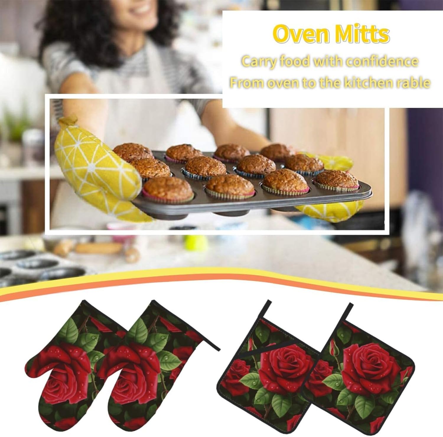 (Red Rose) Baking 4-Piece Set: 2 Oven Mitts and 2 Pot Holders Heat Resistant Waterproof Hanging Loop for Kitchen Oven Grill Housewarming Gifts