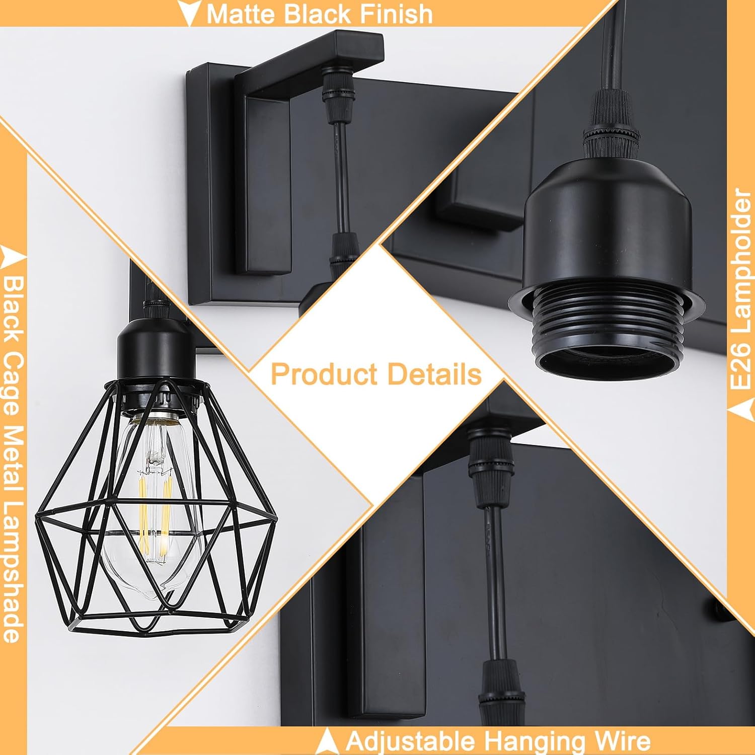 Somniferous Farmhouse Bathroom Light Fixtures, 3 Light Bathroom Vanity Lights Over Mirror, Black Vanity Light with Caged Metal Shade, Rustic Wall Sconce for Bedroom, Living Room, Hallway, E26 Socket