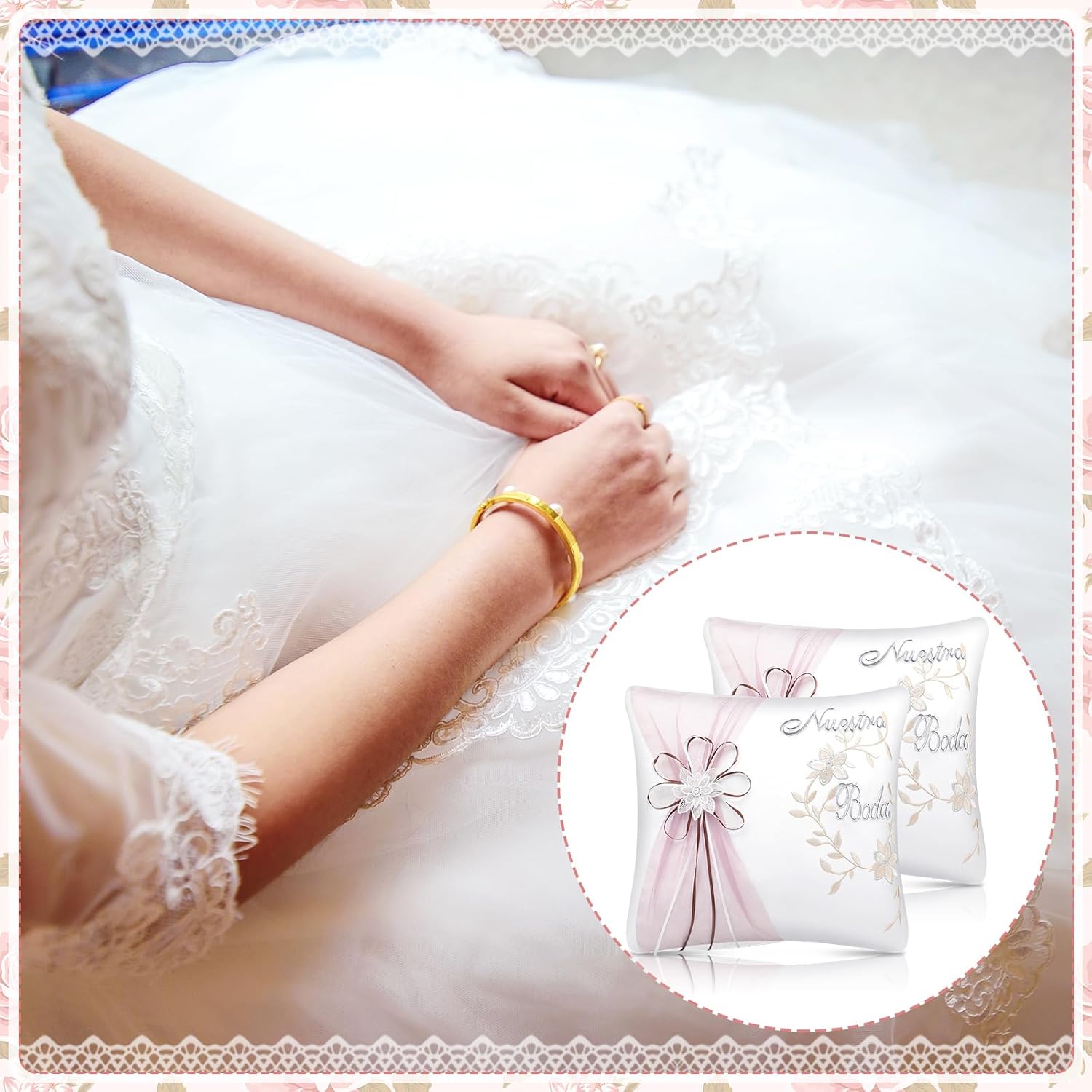 SmoothNovelty Set of 2 Wedding Kneeling Pillows Cover, 17 x 15 Inch Embroidered Nuestra Boda Prayer Kneeling Pillows, Cushion Covers Crystal Flower Satin Lace, Decoration for Bodas (Vintage)