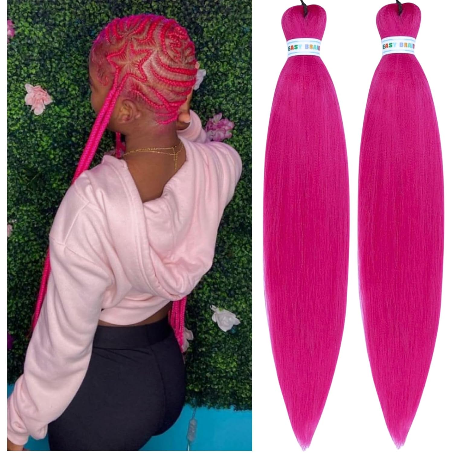 Leticia Cabello trenzado preestirado rosa magenta fácil de usar cabello trenzado preplumado