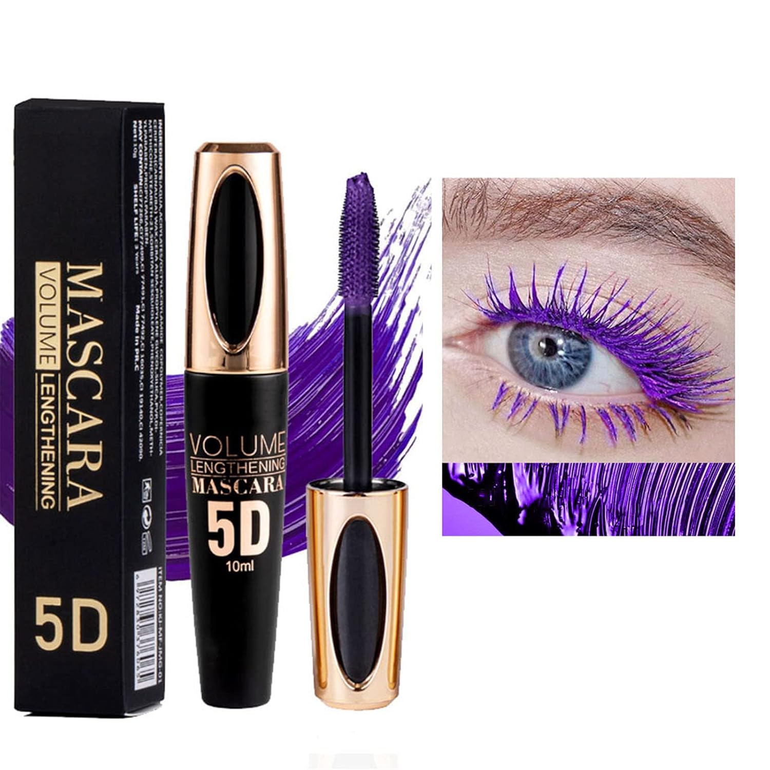Purple Colored Waterproof Mascara – Long Lasting, Thick, 5D Silk Fiber, SmudgeProof, Volumizing, Lengthening, Curling, Washable, Party & Stage Use