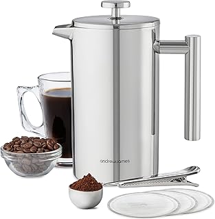 andrew james Double Walled Stainless Steel Cafetiere Gift Set With 3 Mesh Filters, Coffee Measuring Spoon And Bag Sealing Clip, Delicious French Press Coffee, Easy to Clean (1000ml, Stainless Steel)