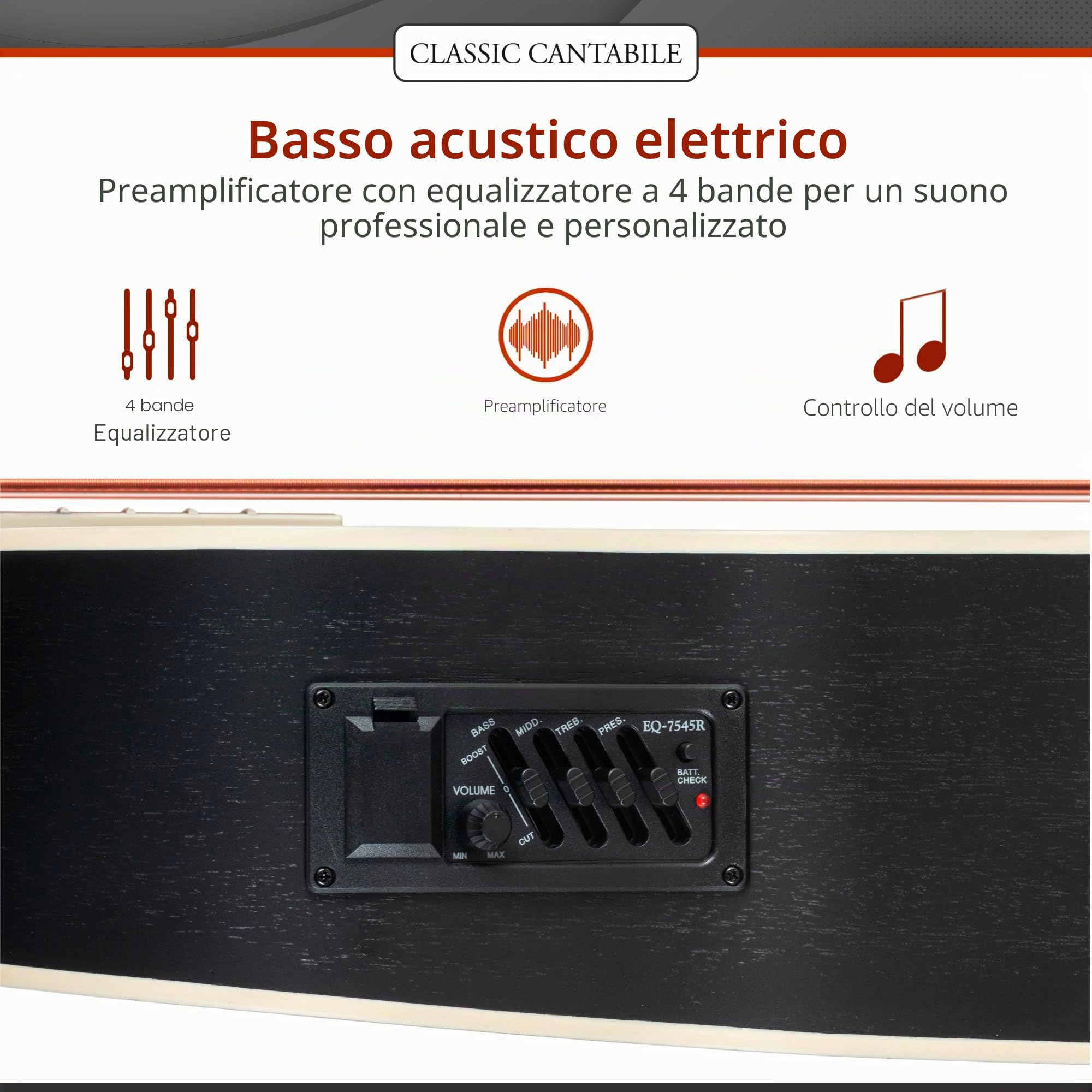 Classic Cantabile ABJ4-50CE-BK Jumbo Basso Acustico Black, Allgemein | Modell: ABJ4-50CE-BK, Gewicht: 2, 3 kg, Anzahl Saiten: 4, Orientierung: Rechtshänder, Korpus, Korpusform: Jumbo mit Cutaway