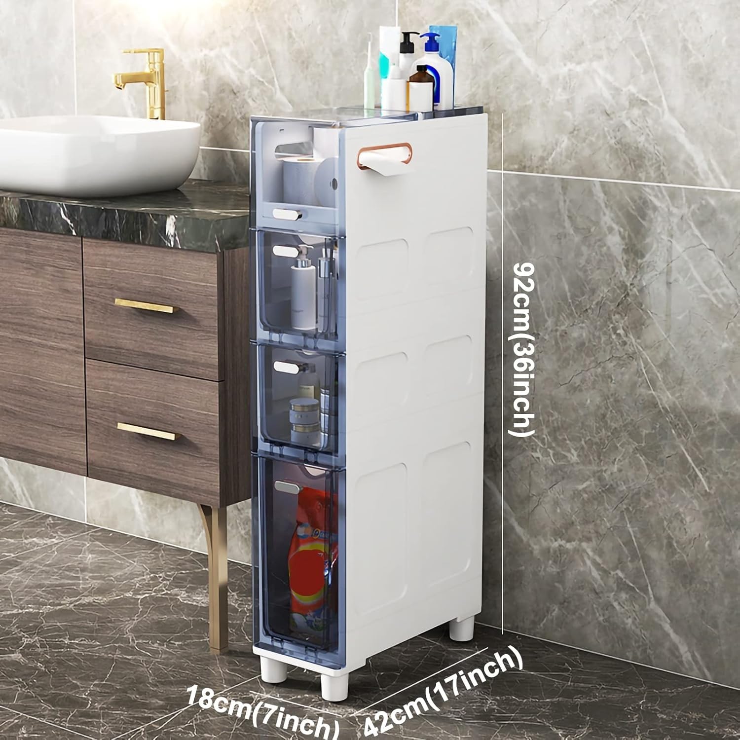 Cassettiera impilabile a 5 ripiani, sottile, con cassetti trasparenti e rotelle, robusta cassettiera stretta per bagno, camera da letto, E (blu trasparente