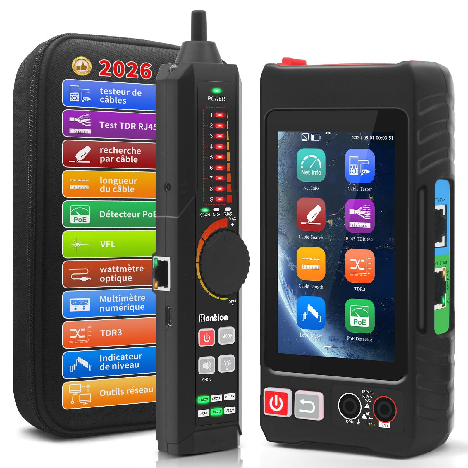 Henkion Testeur Câble Réseau RJ45 Professionnel Écran IPS 4", Ethernet Tester Rechargeable, Outils Réseau, Détection POE++, Digital Multi-Meter, OPM, Mesureur de Longueur Câble, TDR, NCV, LEVEL METER