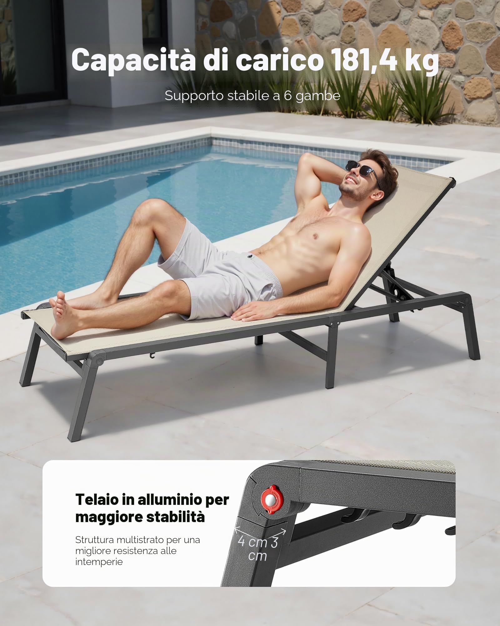 VEVOR Lettino Prendisole Pieghevole Capacità di Carico 181,44 kg, Sedia da Giardino Pieghevole Reclinabile, in Alluminio, con 5 Posizioni Regolabili, per Esterni, Piscina, Spiaggia, Terrazza
