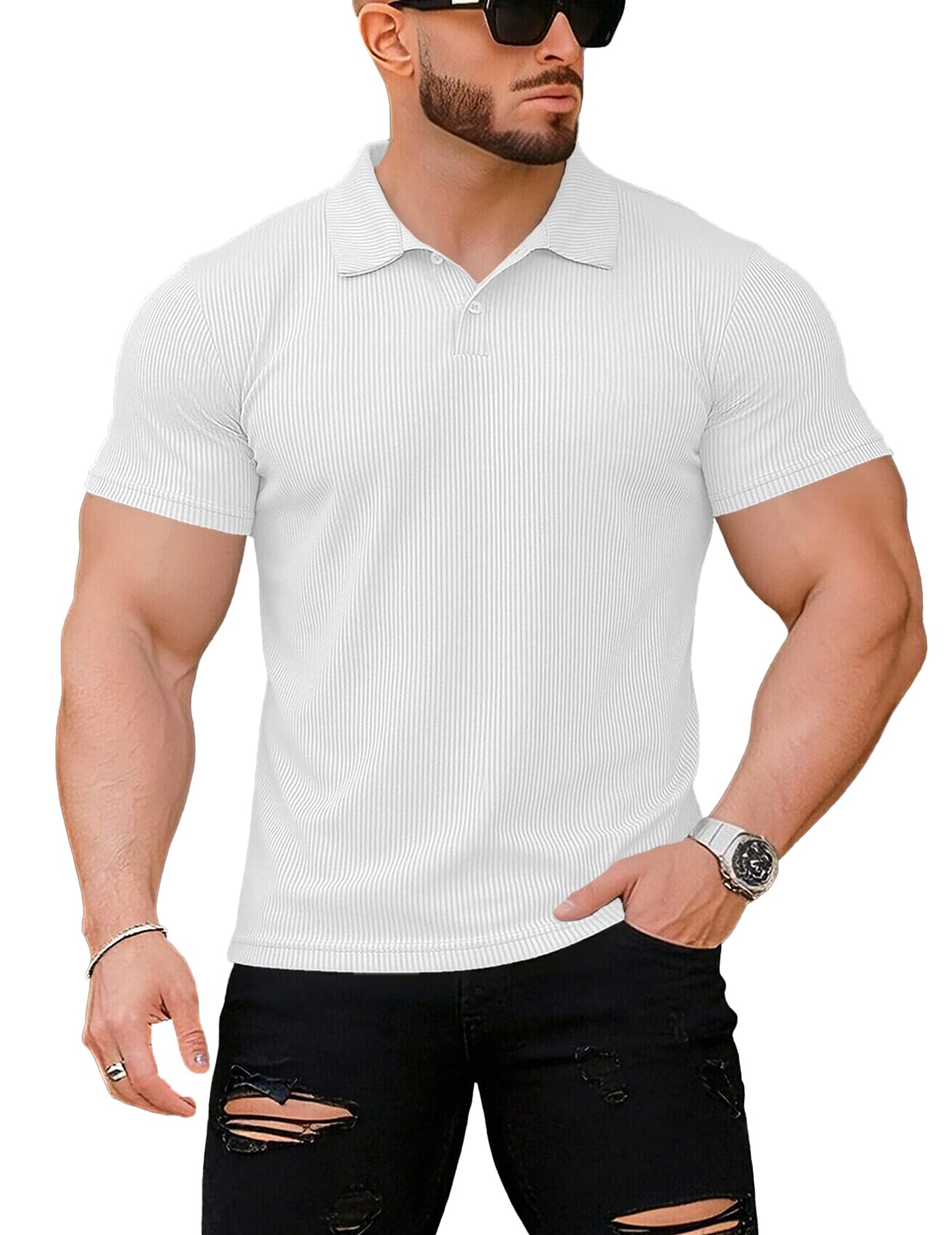 Muscle Cmdr Polo da Uomo Slim Fit Muscle Polo Manica Lunga e Corta Stretch Tee Casual Golf Athletic T-Shirt