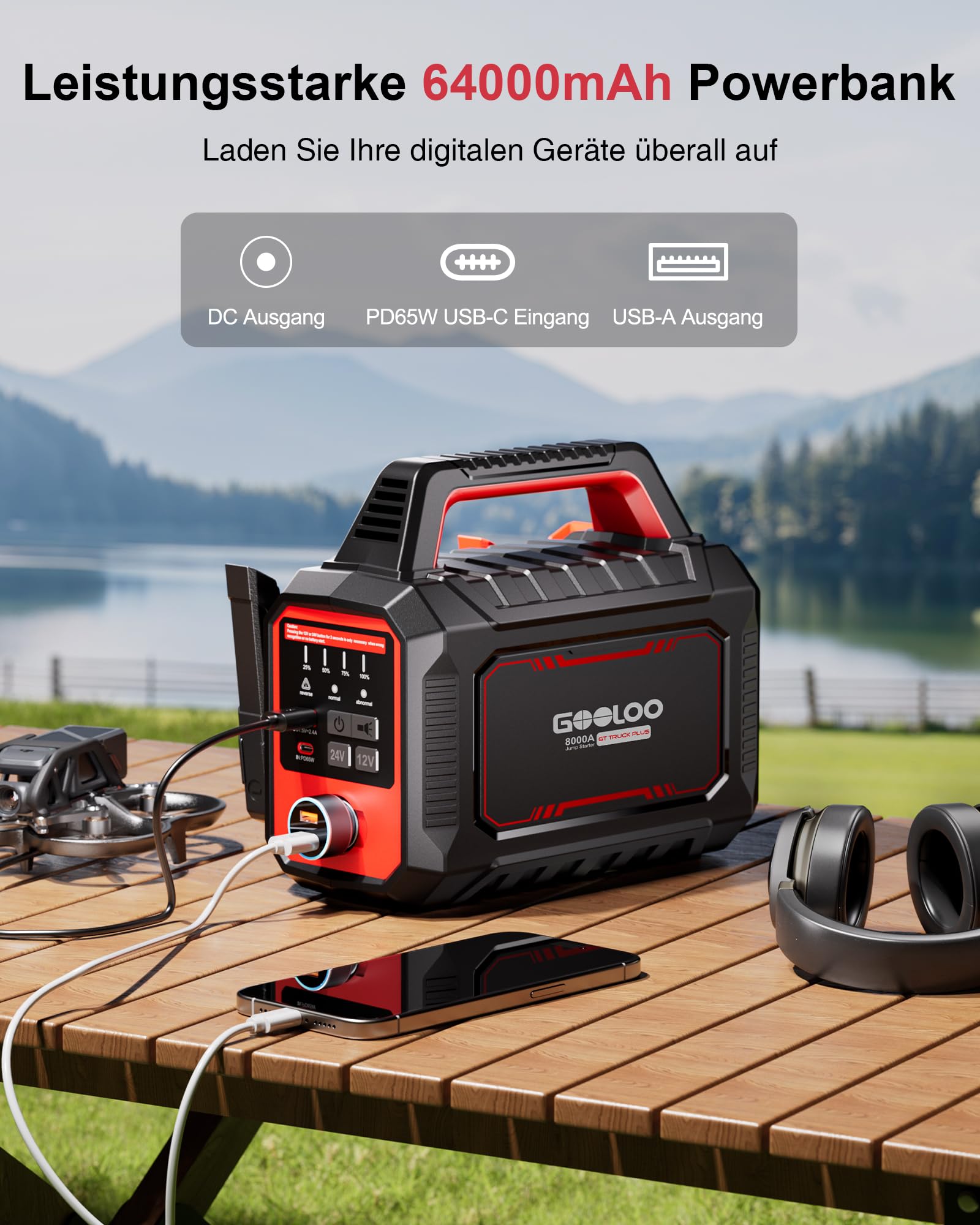 GOOLOO GT Truck Plus Starthilfe Powerbank – 8000A 12V/24V Tragbare Starter Powerbank mit PD65W Schnellladung, Booster Auto Starthilfe für PKW, LKW, Wohnmobile, Yachten (Alle Benzin und Diesel)