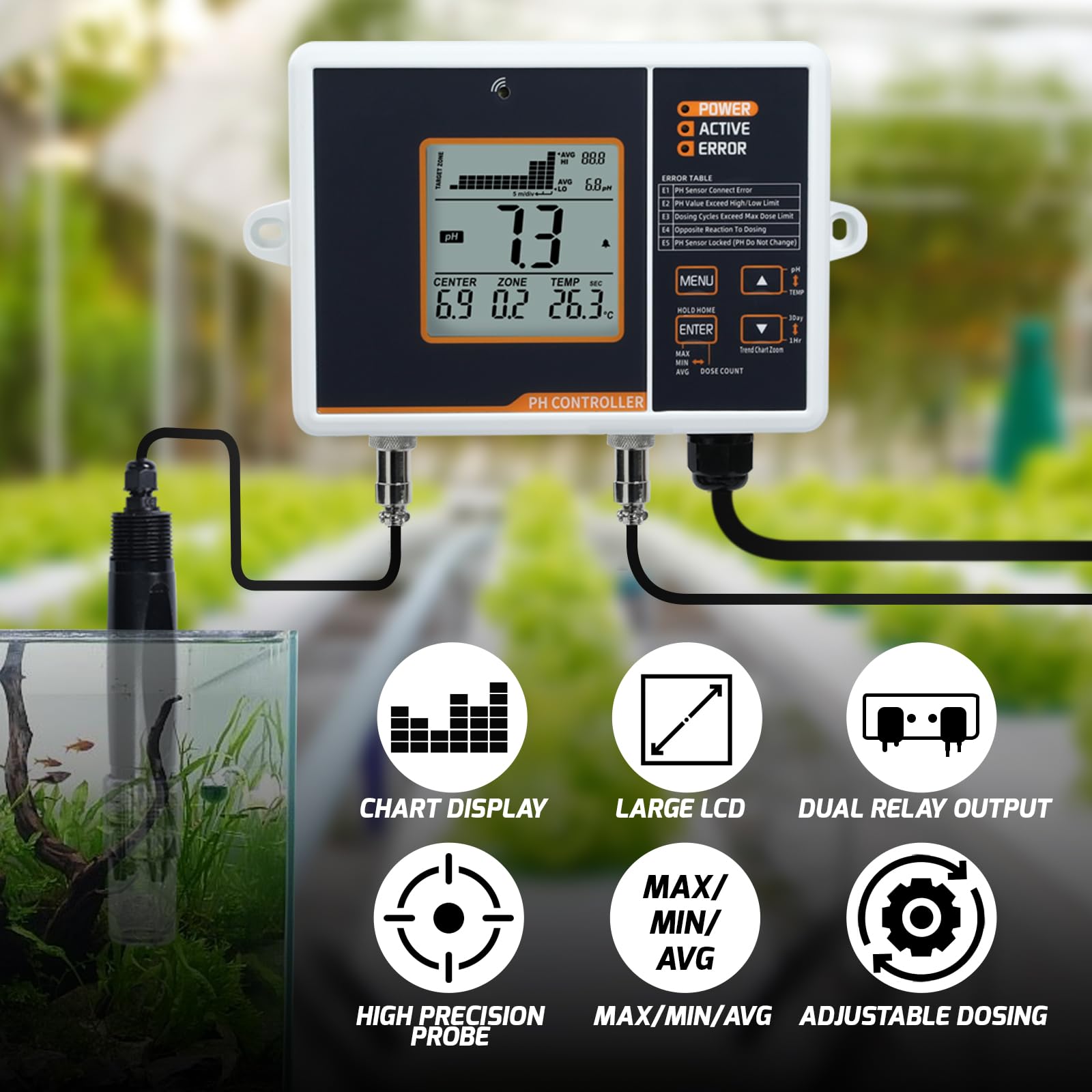 Controlador de pH de relé dual con bomba dosificadora, Monitoreo de alarma de rango alto/bajo y registro de datos para sistema Hidropónico, Cultivo de plantas de invernadero, Acuario, Acuicultura