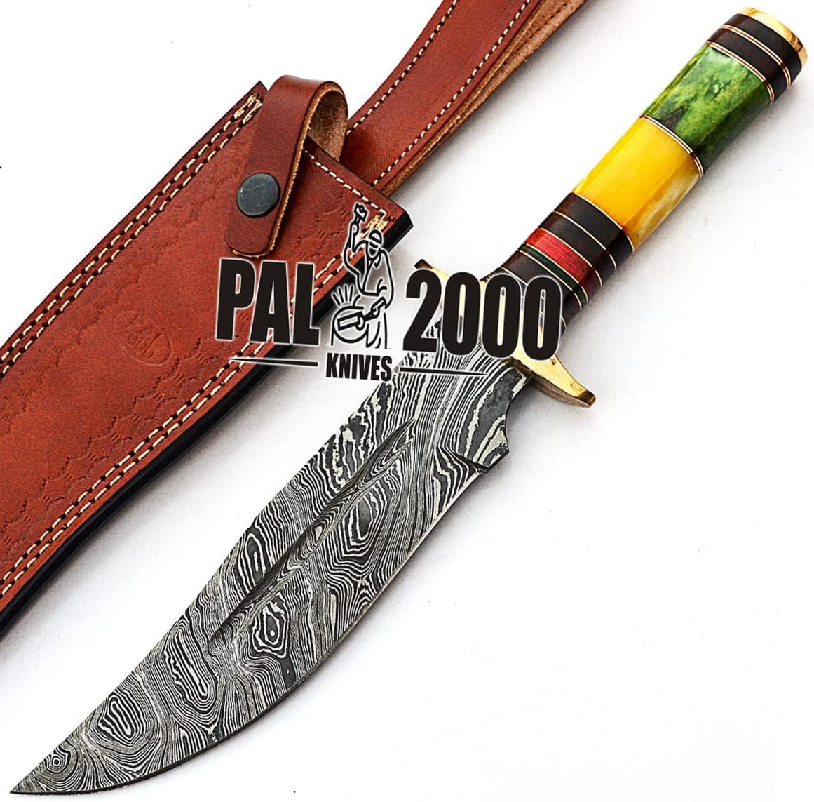 PAL 2000 KNIVES Handmade Damascus Steel 12.6 Inches Hunting Knife - Stained Camel Bone Handle with Sheath 9314