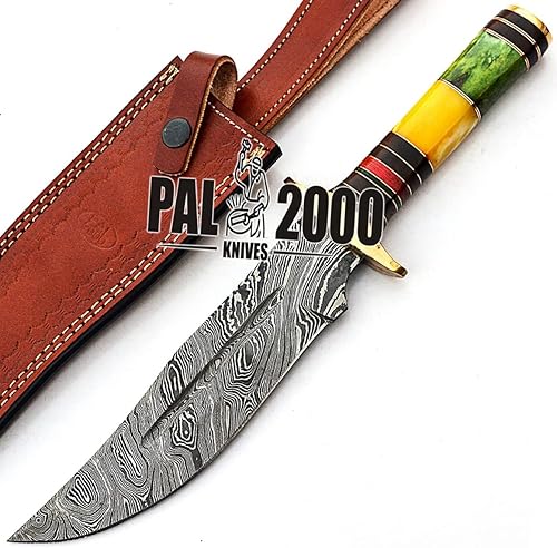Miniatura 2 de PAL 2000 KNIVES Cuchillo de caza hecho a mano de acero de Damasco de 12.6 pulgadas, mango de hueso de camello manchado con funda 9314