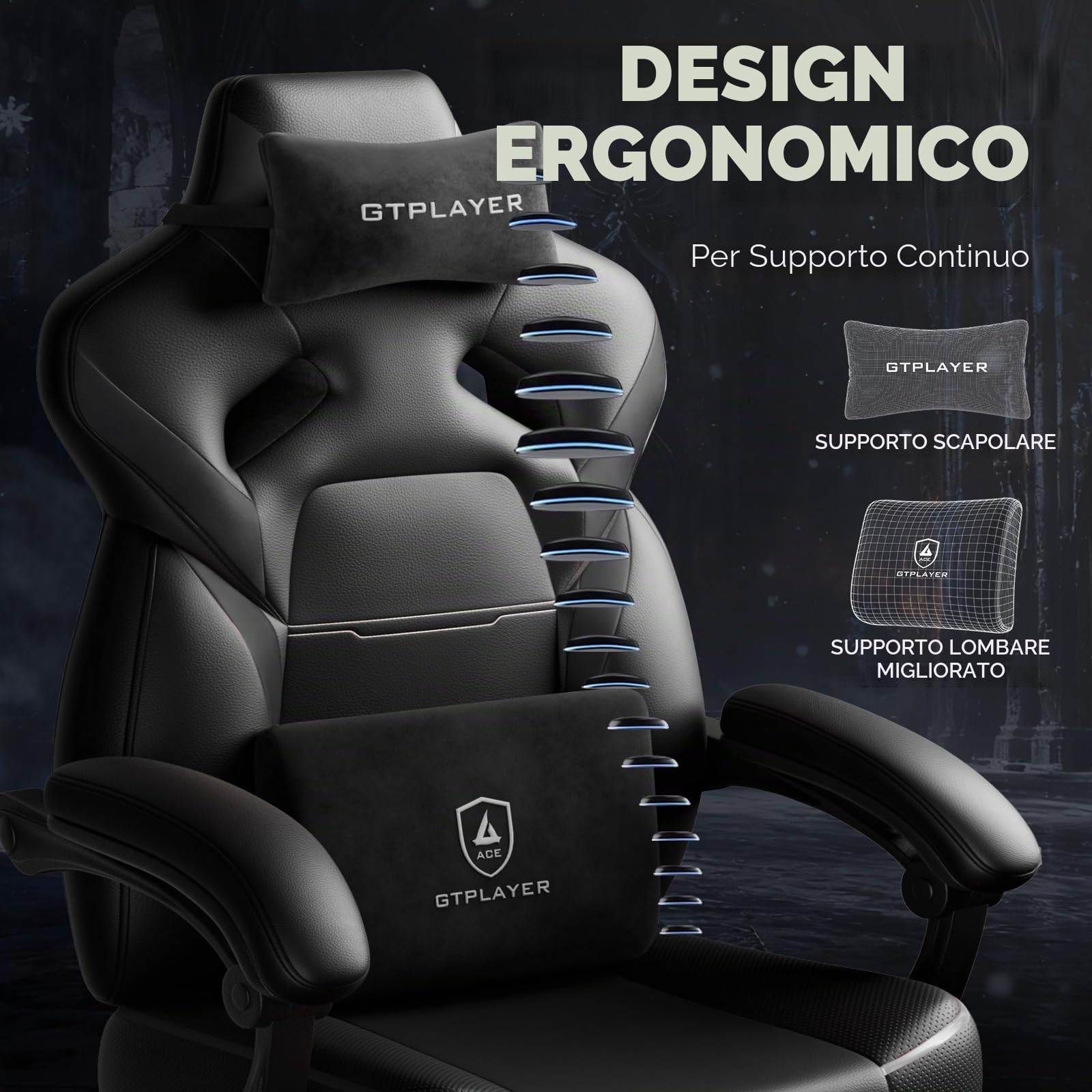 GTPLAYER Sedia da gaming, con poggiapiedi, cuscino lombare, poggiatesta, regolabile in altezza, braccioli regolabili con poggiapiedi, 200 kg, girevole, colore nero