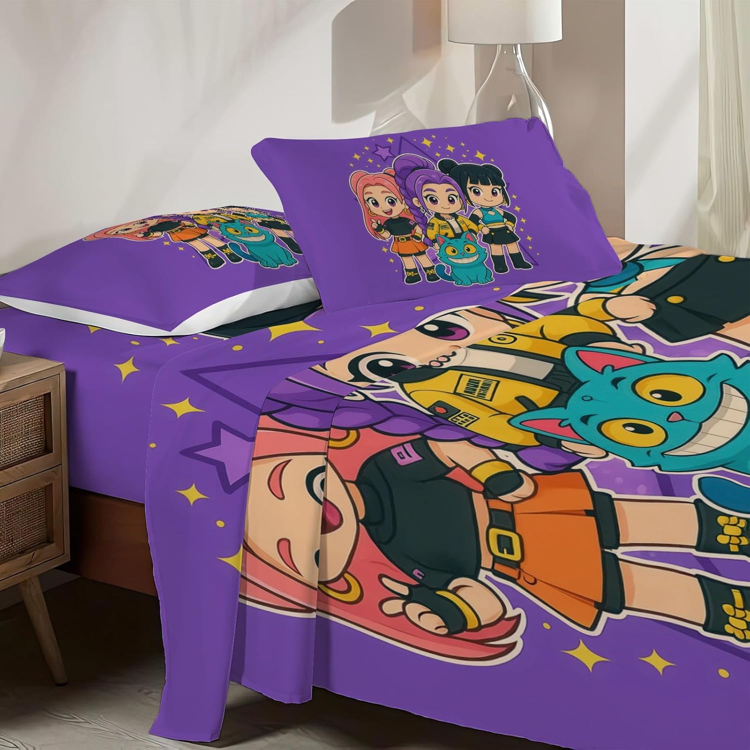 Allenjoy Cute Anime Purple Korean Hunter Sheets Set with Fitted Sheet, Flat Sheet and 2 Pillowcases for Teens Fans Girls Women Bedding Bedroom Nursery Room Decor, Machine Washable Durable, Queen Size