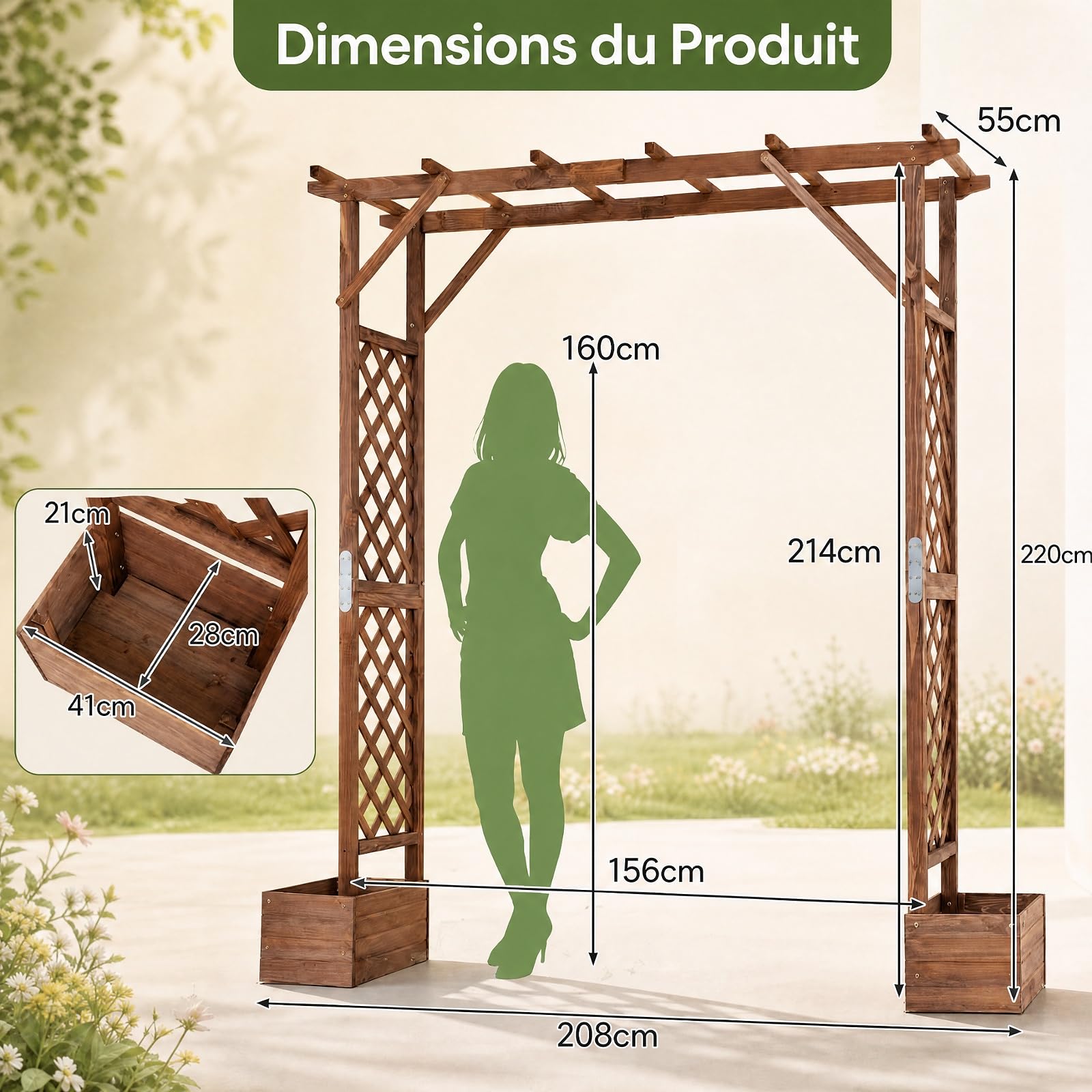 GYMAX Arche de Jardin en Bois avec 2 Bacs à Fleurs pour Plantes Grimpantes