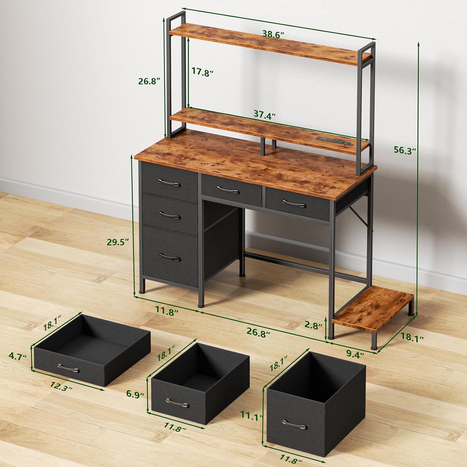 Diagram showing desk dimensions and individual drawer sizes