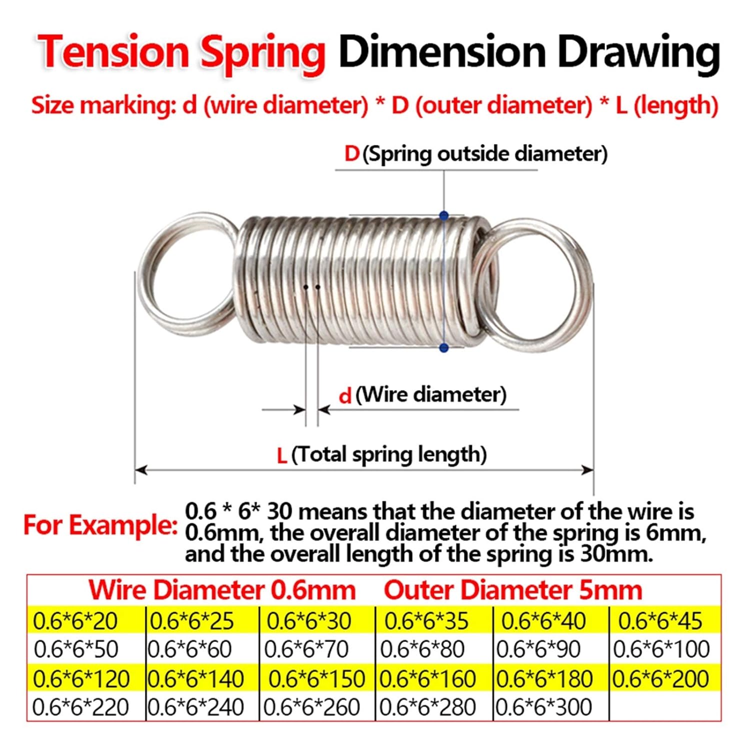 Generic Metal Tension Spreplacement Loop Hook Tension Spwire Diameter 0.6Mm Outer Diameter 6Mm Pull Back Sppull Spcoil Extension Spring/300Mm (1Pcs)