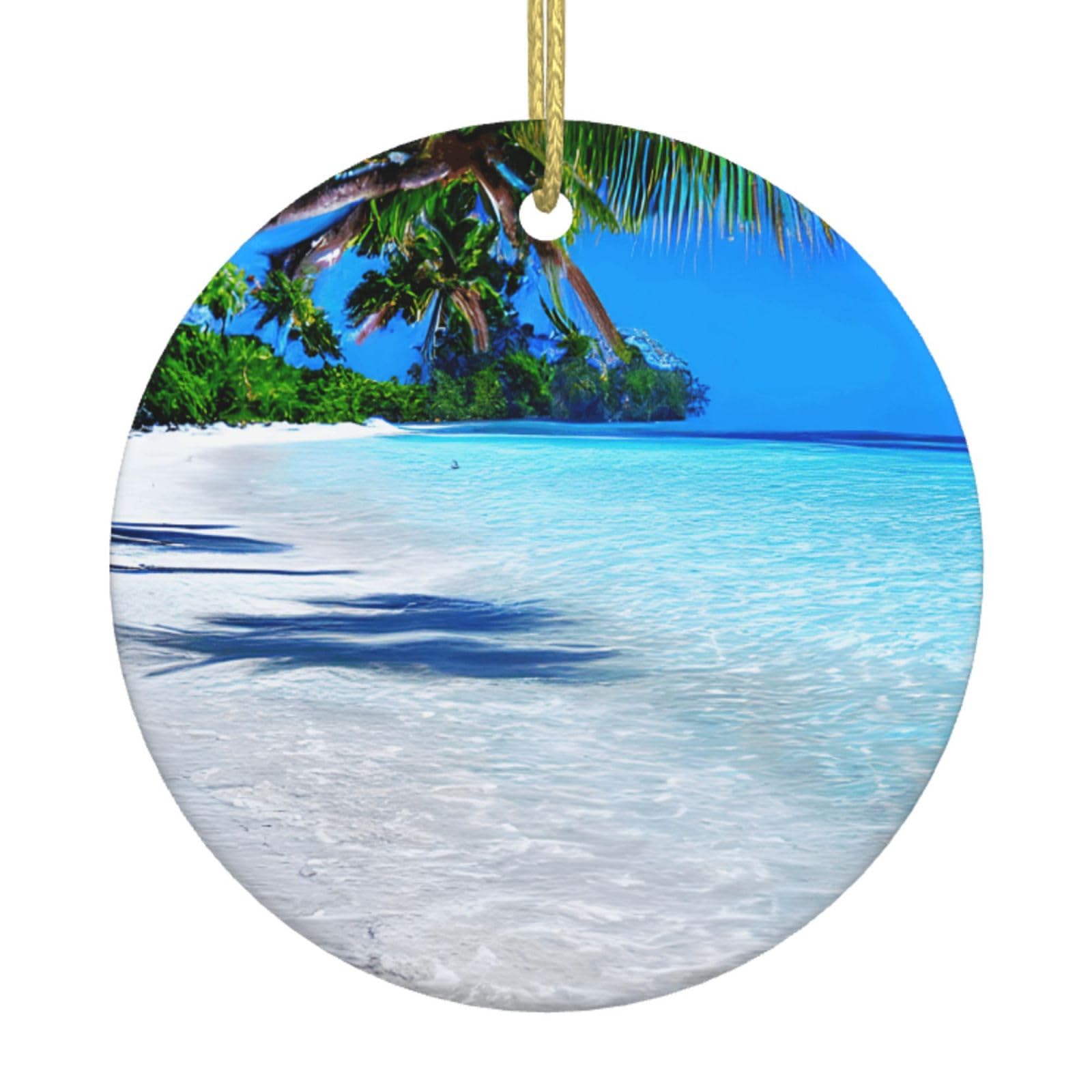 Tropical White Sand Beach And Ocean Print Christmas Ornaments, Ceramic Hanging Ornament, Round Shape Decorations
