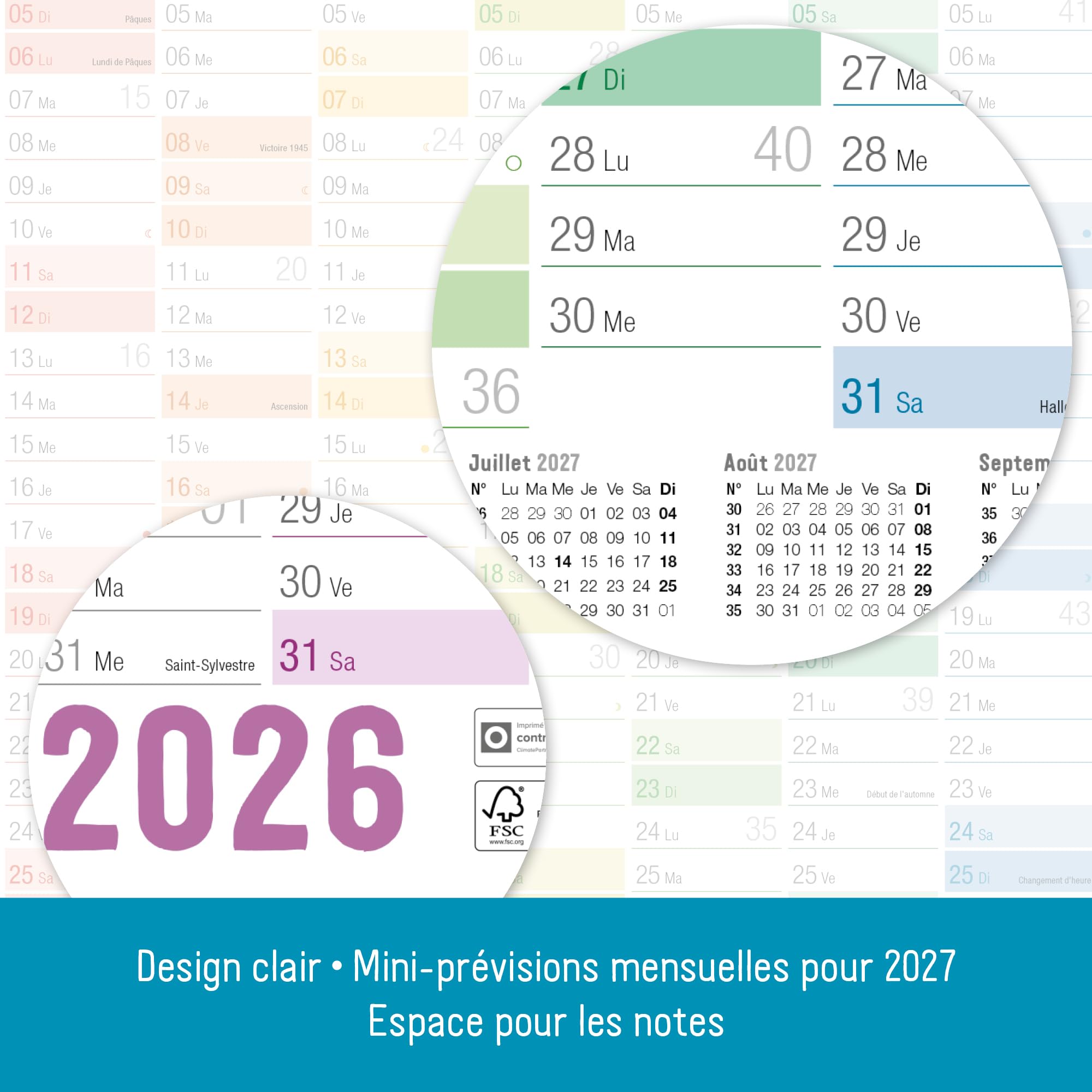 Calendrier mural 2026 A2 français 14 mois déc 2025 jan 2027 jours fériés France