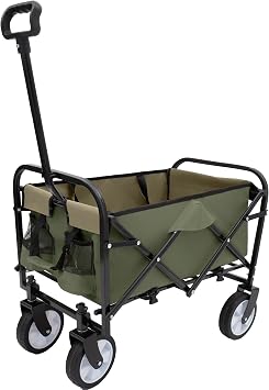 Majnesvon Lightweight Collapsible Wagon Cart, 225lbs Capacity - Unique Strapping System & All-Terrain Wheels, Steel Foldable Wagon for Grocery, Sports, Garden, Shopping and Camping Army Green