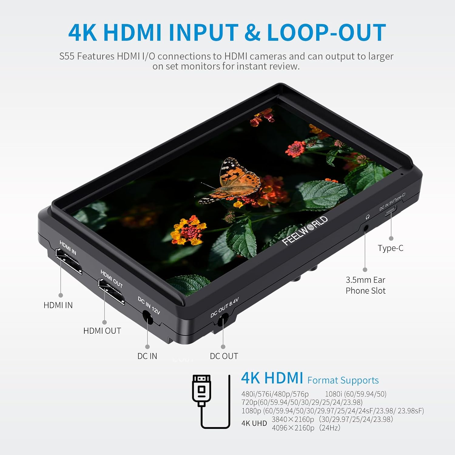 FEELWORLD 5.5 Inch DSR Camera Field Monitor with F550 Battery 2200mAh+Bag Small Full HD 1920x1152 IPS Video Assist Mit HDMI Output and Input S55V3