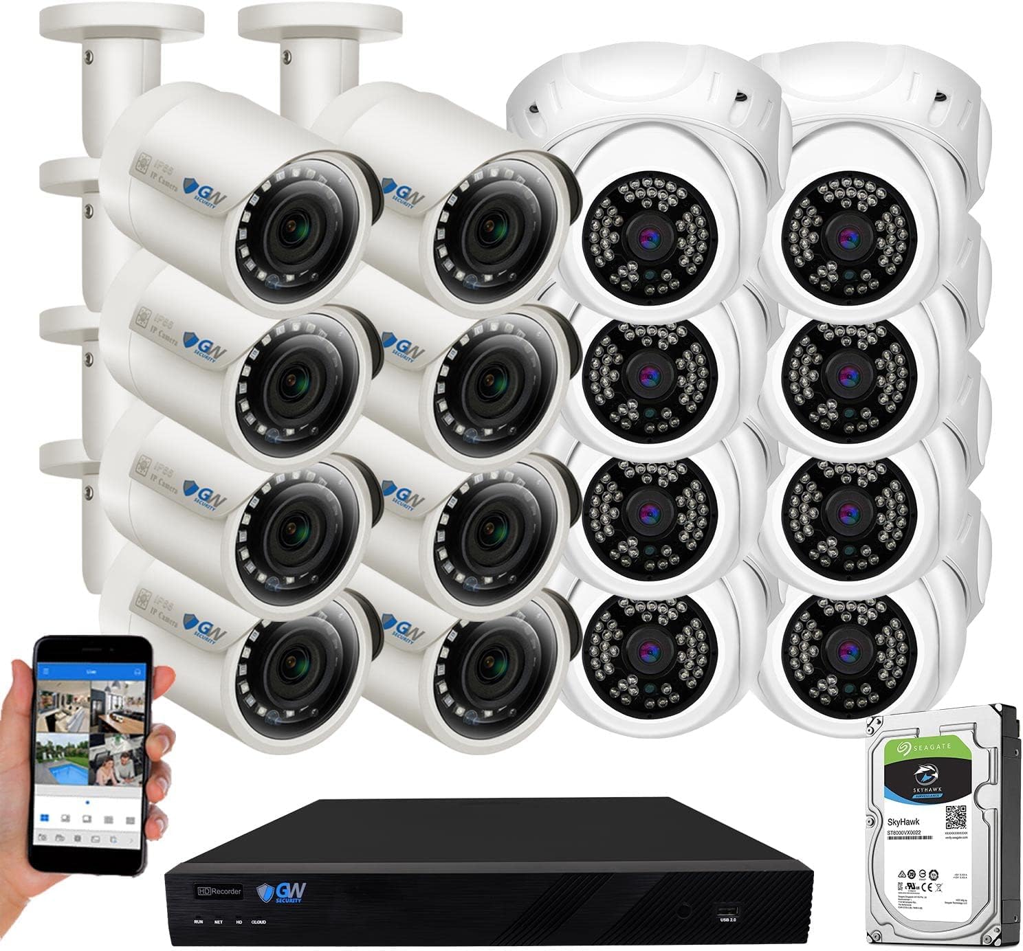 GW Security 16 Channel 12MP 4K NVR with 16 x 5MP AI PoE Microphone Weatherproof Security Camera System for Home and Business, Smart Human Detection,