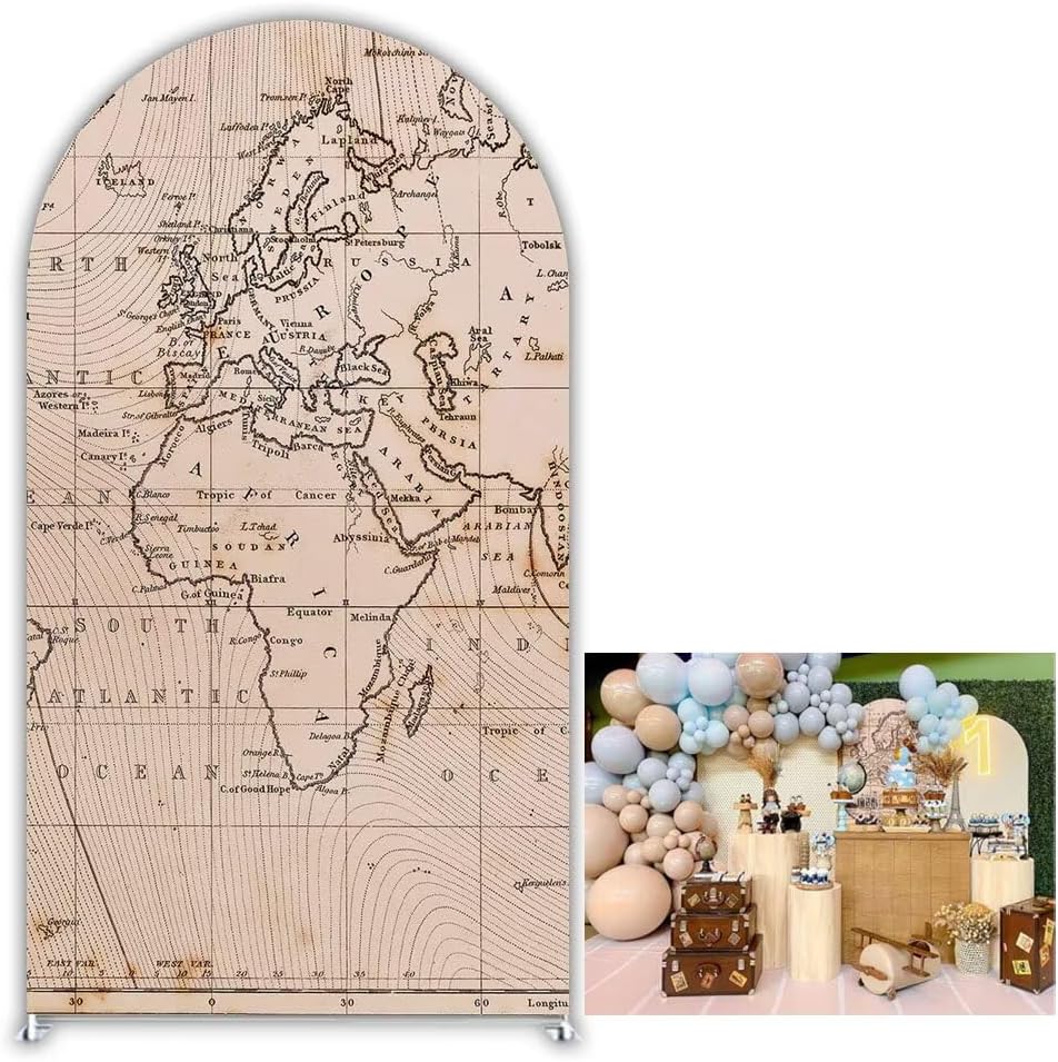 World Map Arched Backdrop Cover Let The Adventure Begin Theme Spandex Cover for Wedding Birthday Baby Shower Travel Party Decorations (No Stand!)