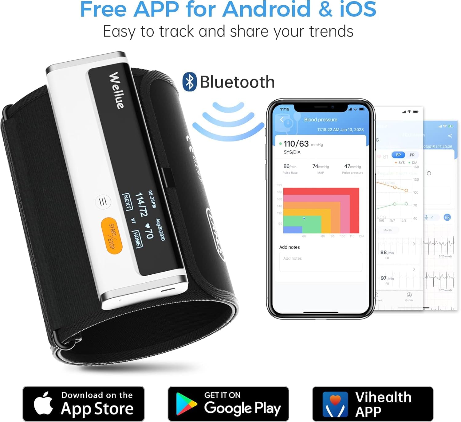 Wellue Armfit Plus Tensiómetro de Brazo Digital con Función de ECG, Monitor para la Presión Arterial, APP de Conexión Bluetooth para iOS y Android
