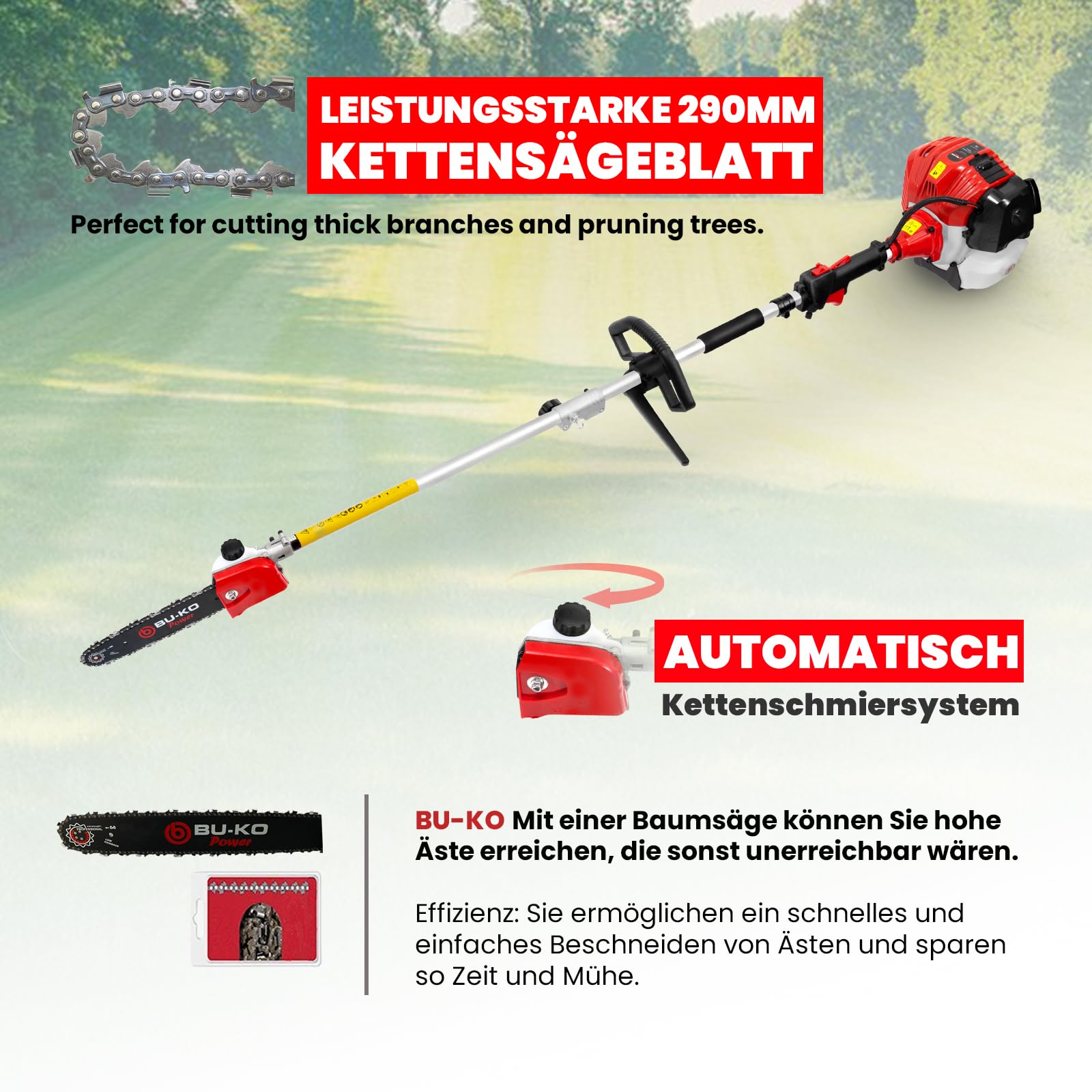 BU-KO 52cc Multifunktions-Gartengerät mit großer Reichweite: Strimmer und Freischneider ausziehbare Heckenschere Kettensäge Rasentrimmer 3X 75cm Verlängerungsstangen