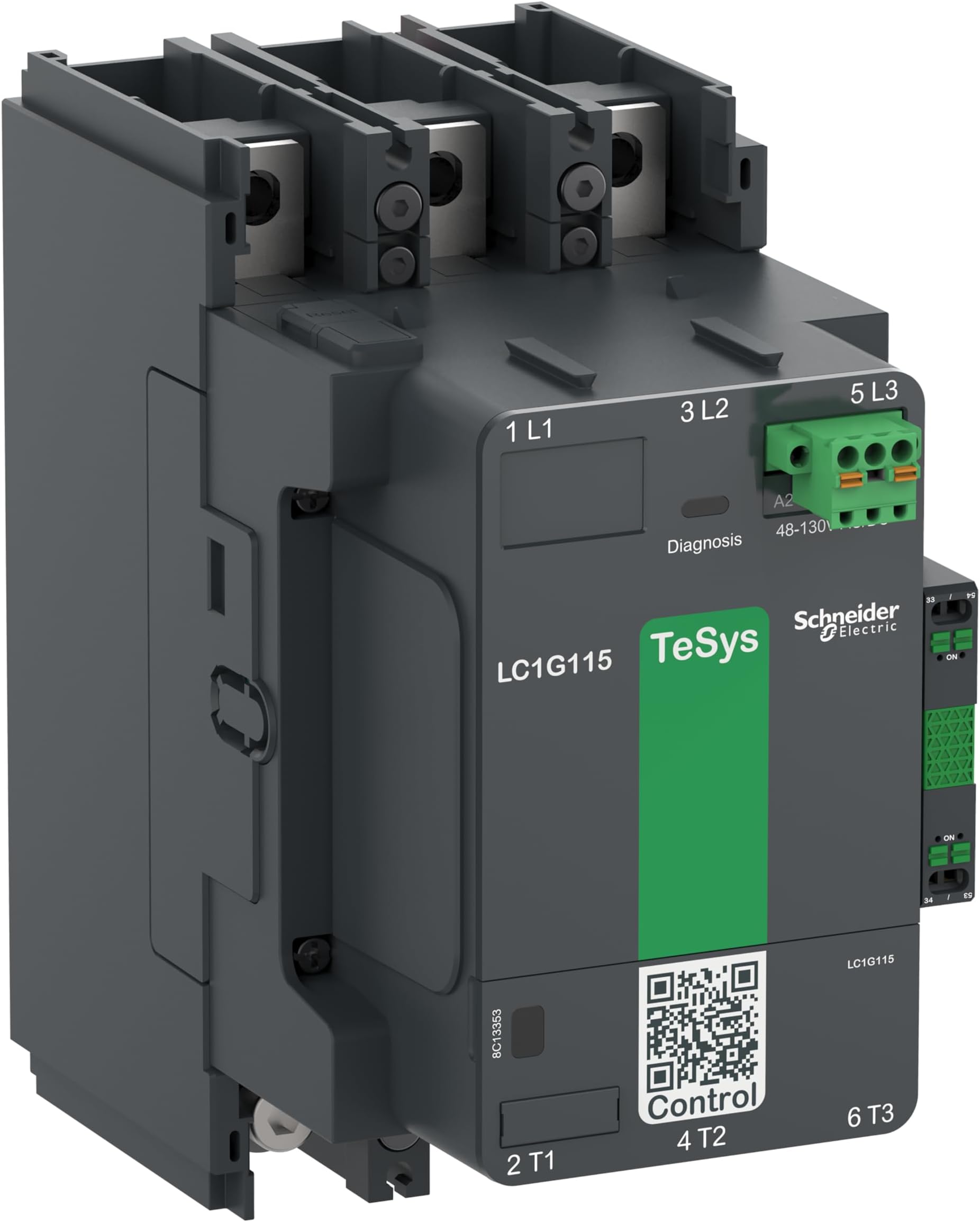 High power contactor, TeSys Giga, 3 pole (3NO), AC-3 <=440V 185A, standard version, 100…250V wide band AC/DC coil, LC1G185KUEN
