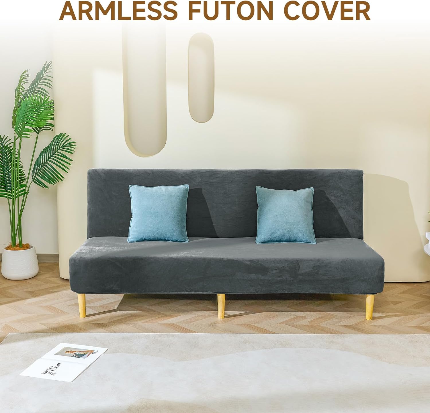 Armless Futon Cover Velvet Futon Slipcover Soft Stretch Couch Covers with No Arm Sofa Bed Cover with Non-Slip Thick Plush Furniture Protector Washable Couch Slipcovers for Living Room(Dark Grey)